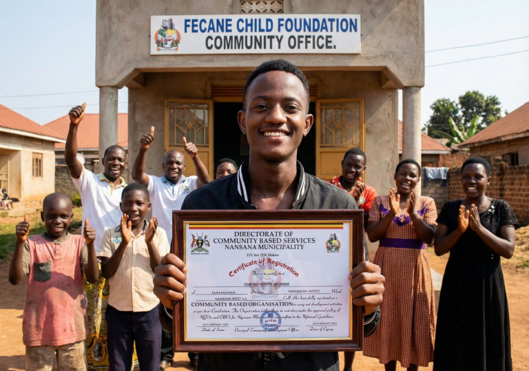 Fecane Child Foundation founder holding official CBO registration certificate in Wakiso.