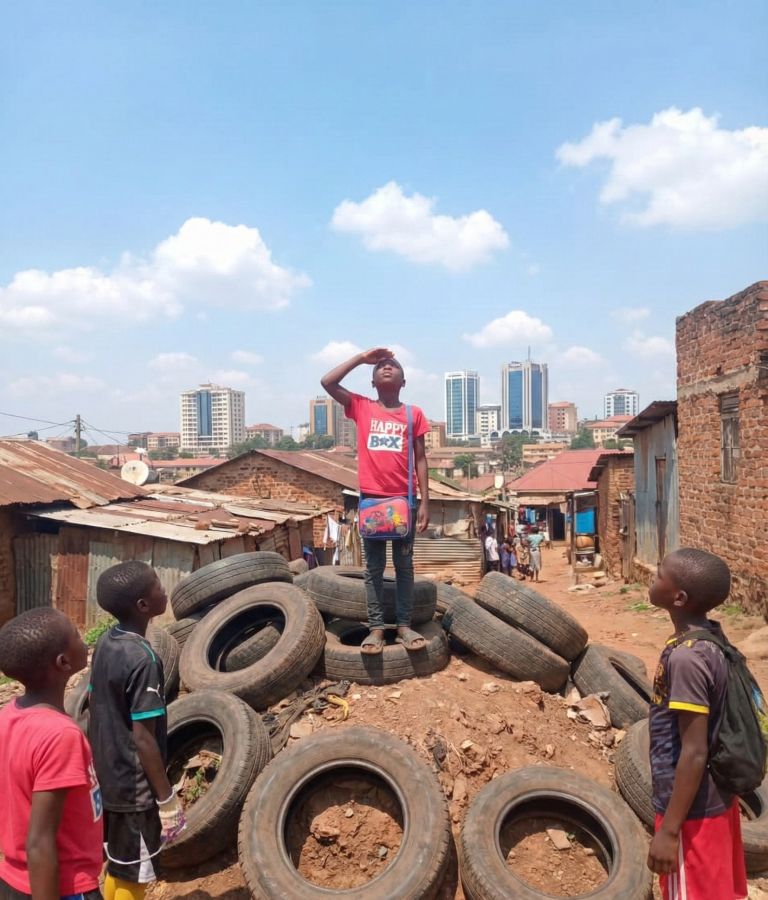 A young boy in Wakiso slums looking upwards towards the sky, contemplating his future during independence celebrations
