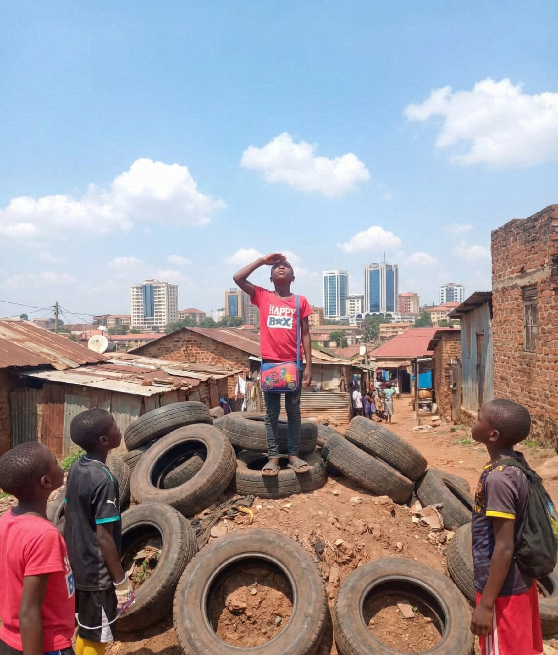 A young boy in Wakiso slums looking upwards towards the sky, contemplating his future during independence celebrations