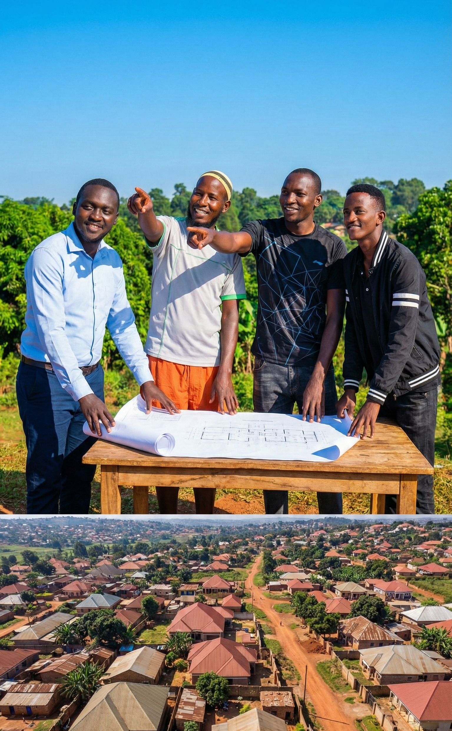 Fecane founders reviewing construction blueprints for the new Wakiso Learning Center against a drone view of the community