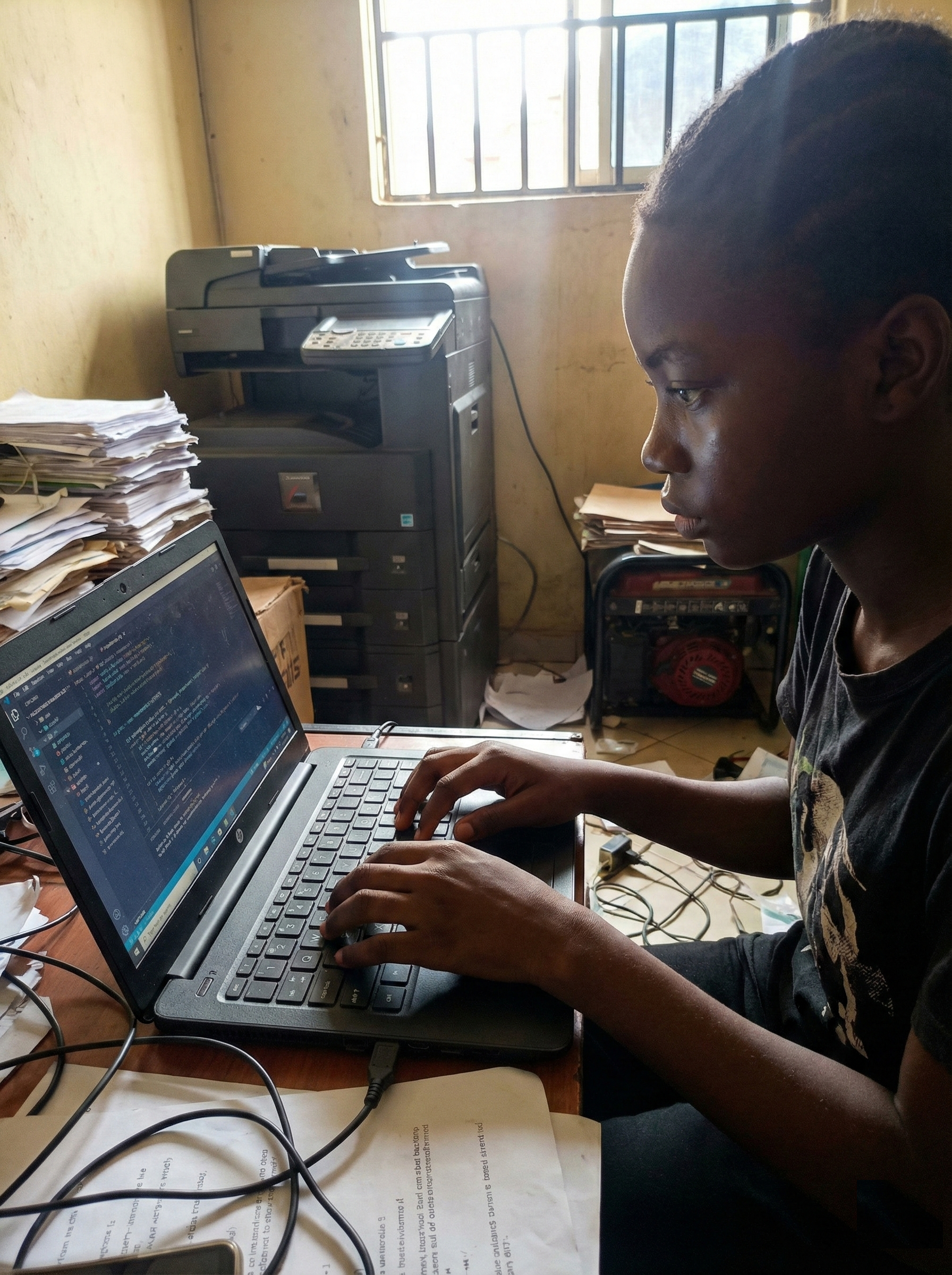A determined female student in Wakiso intensely focused on advanced studies during Day of the African Child commemorations at Fecane Child Foundation.