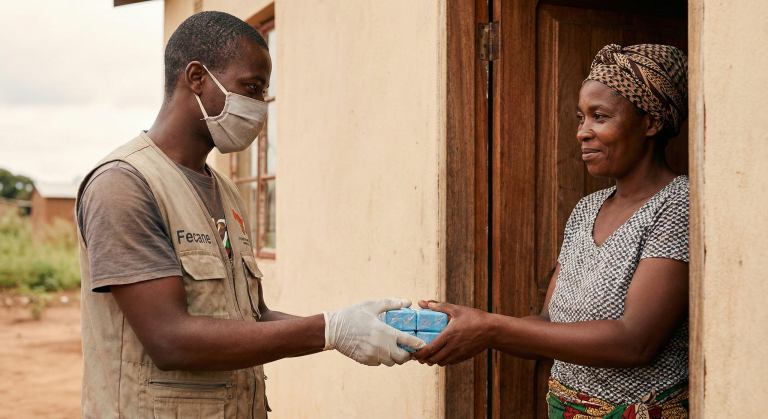Fecane Child Foundation volunteer handing donated soap bars to a mother in Wakiso slum for COVID-19 prevention.