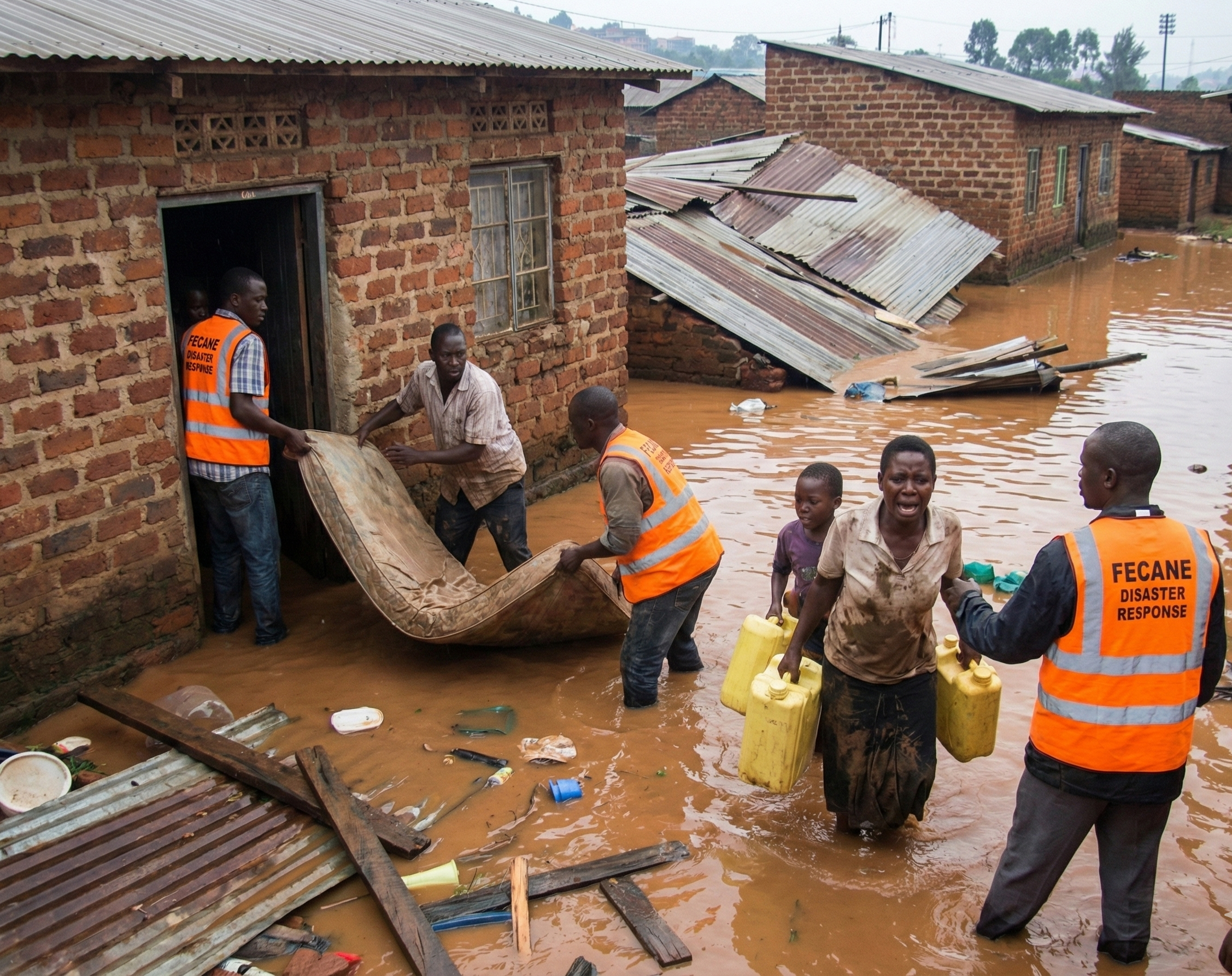 Fecane Child Foundation emergency response team helping a family salvage belongings from a collapsed home after heavy rains in Wakiso slum.