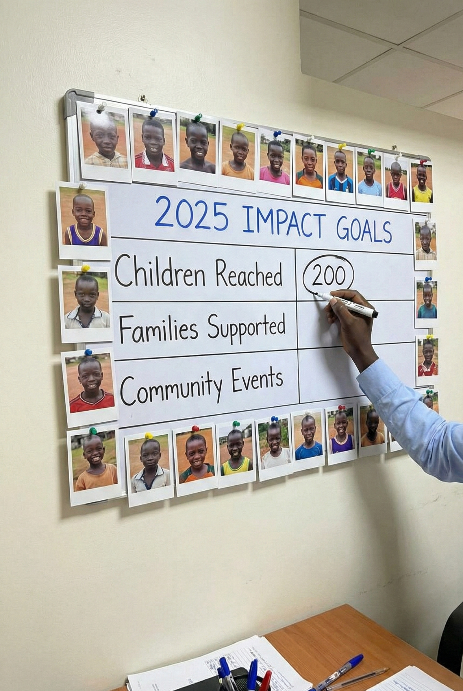 Fecane Child Foundation staff updating the 2025 Impact Board showing 200 children served in Wakiso
