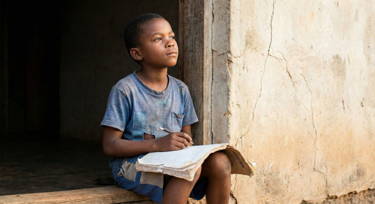 Musa, a young boy in Wakiso slum, sitting with an old school book waiting for schools to reopen.