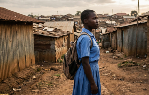 A determined teenage girl in school uniform walking through Wakiso slums at the start of the new academic term.