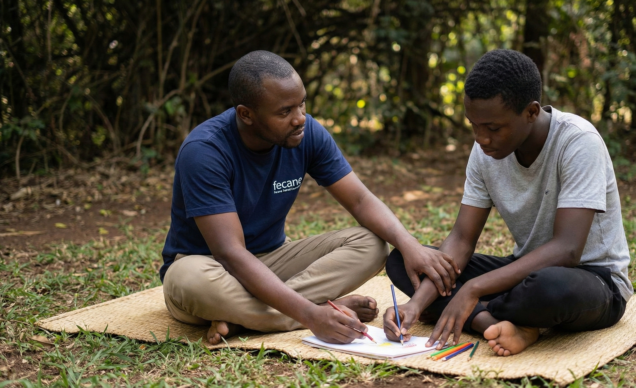 A Fecane Child Foundation counselor providing psychosocial support and listening to a young person in Wakiso during a mental health session.