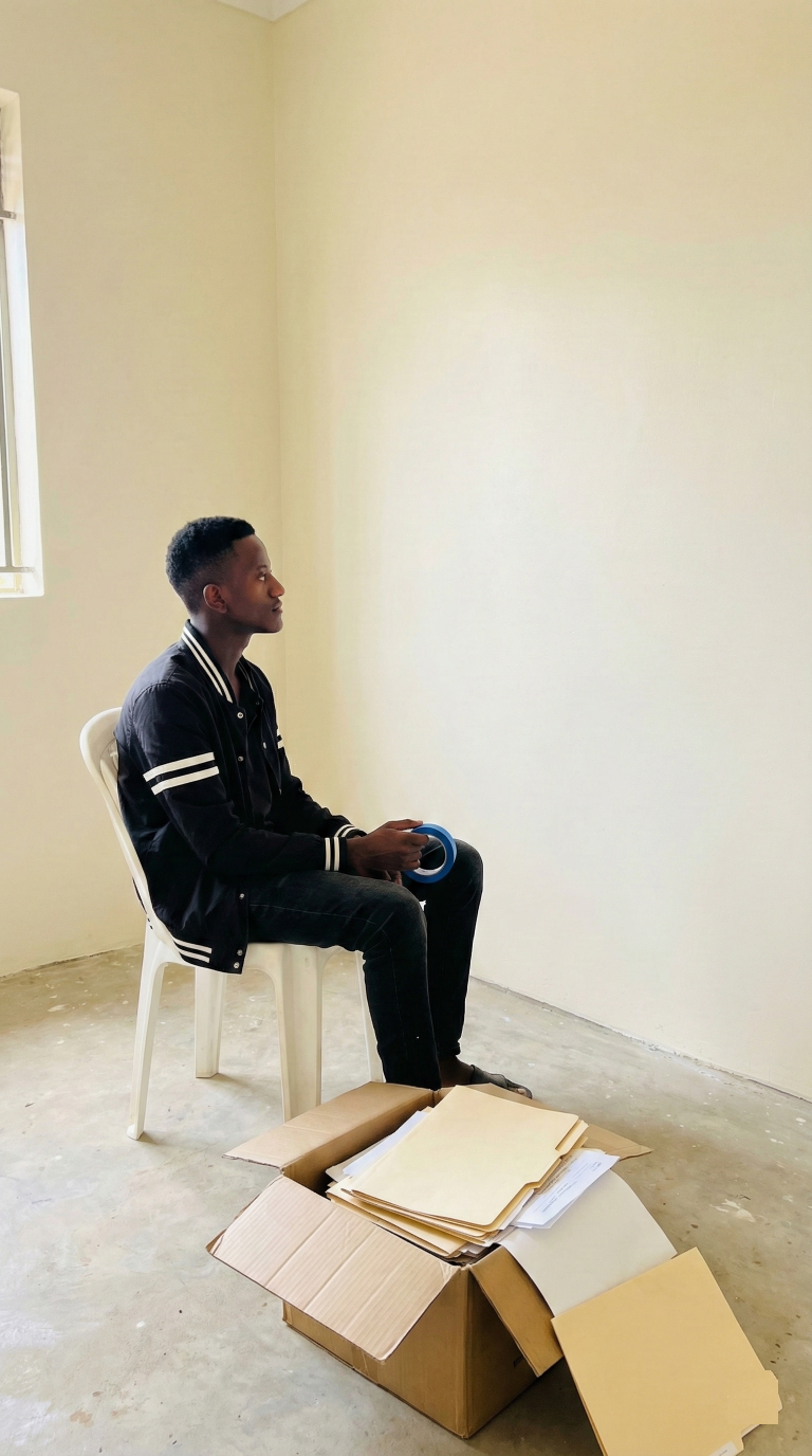 Founder of Fecane Child Foundation sitting inside their newly acquired, humble first office space in Wakiso.