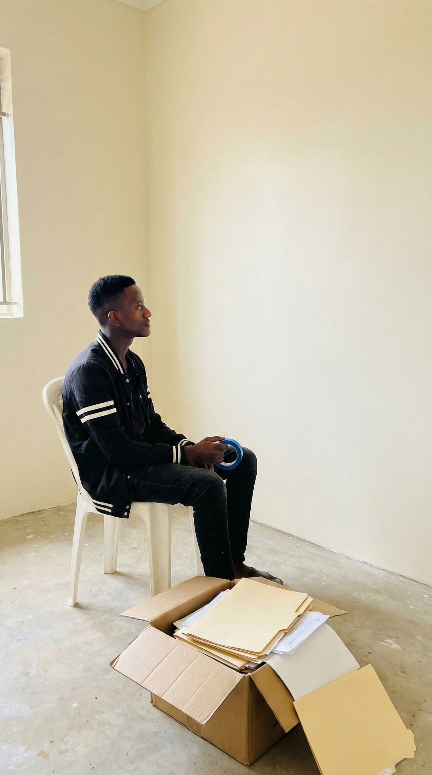 Founder of Fecane Child Foundation sitting inside their newly acquired, humble first office space in Wakiso.