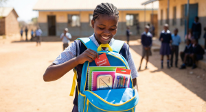 Student in Wakiso smiling while receiving a backpack filled with high-quality scholastic materials on Valentine's Day.