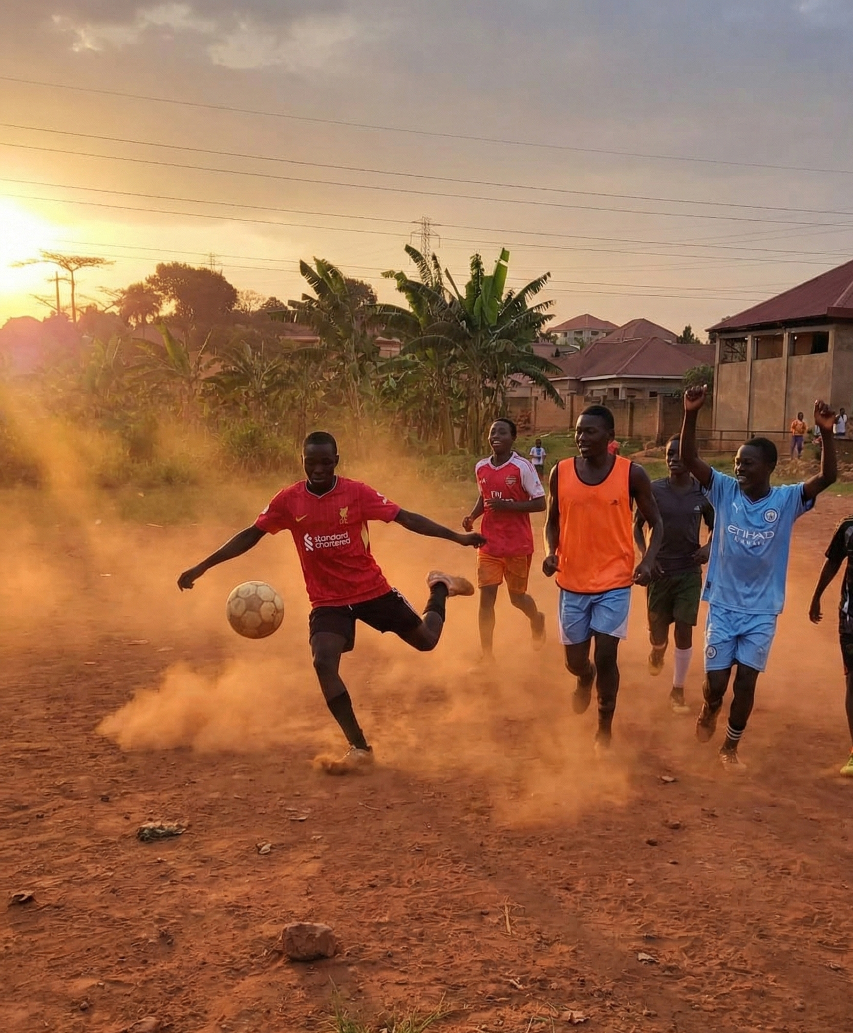 Youth in Wakiso participating in a Fecane football match, demonstrating positive behavioral change and teamwork during the 2024 year-end review.