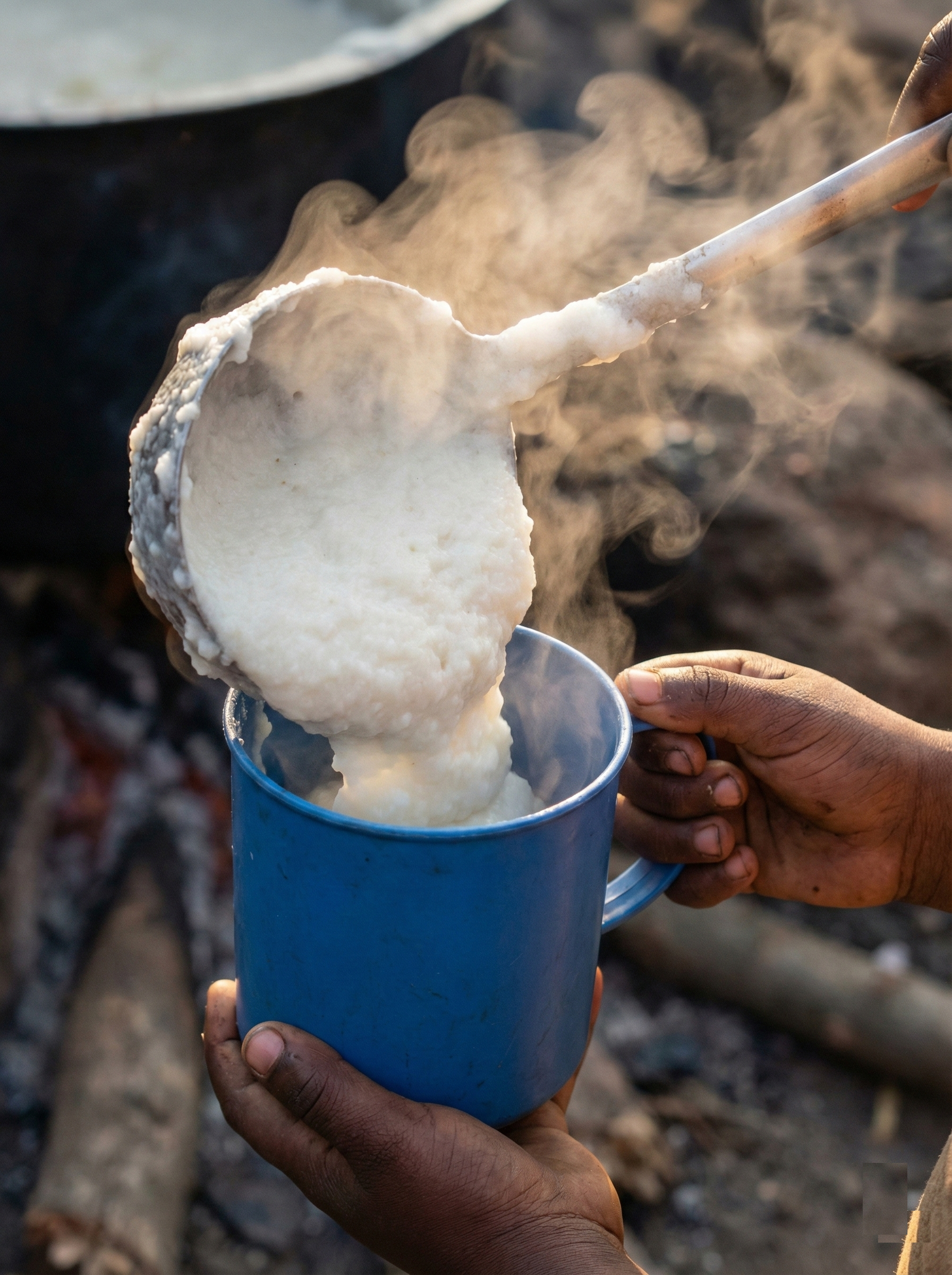 Steaming maize porridge being served to a young child in Wakiso as part of Fecane's pilot feeding program.