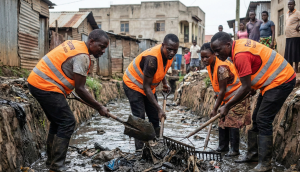 Fecane volunteers in gumboots cleaning clogged drainage trenches in Bwaise slum on World Water Day to prevent flooding and disease